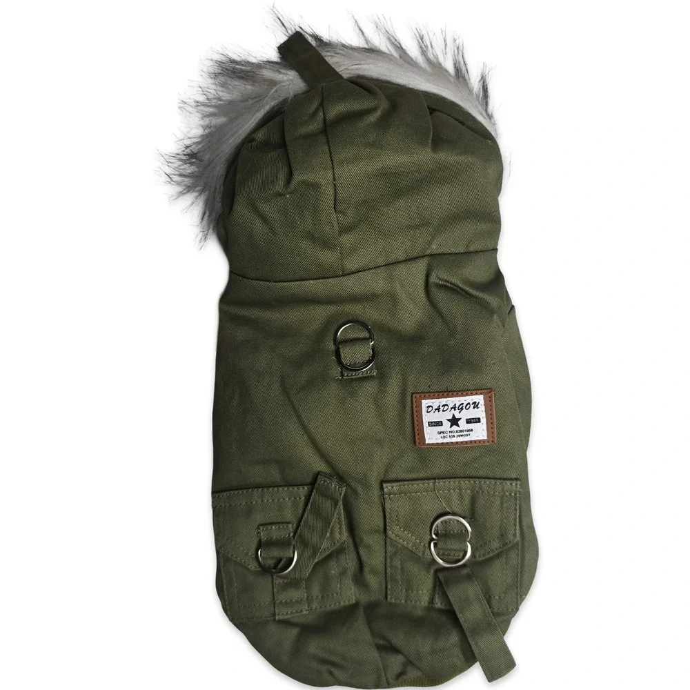 Dog Parka Jacket Medium Olive Green Faux Fur Hood Fleece Lined